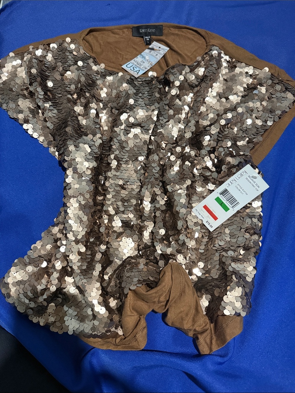 Karen Kane Brown and Champagne Sequin Short Sleeve Top